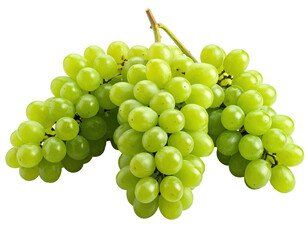 A trio of plump, juicy green grapes clustered on a stem against a black background