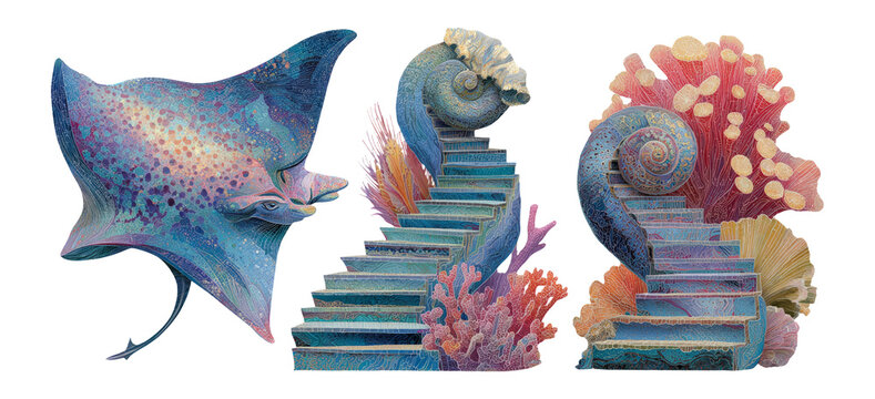 Vibrant Abstract Marine Life Elements with Steps and Colorful Coral Design