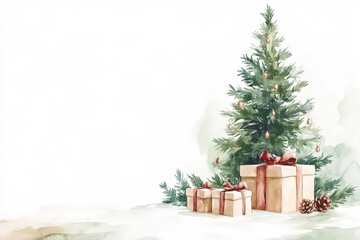 Festive Gift Boxes in Snowy Winter Scene with Copper Ribbons and Pine Trees, space for text, christmas card