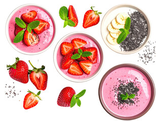Overhead view Colorful smoothie bowls with fresh strawberries and banana