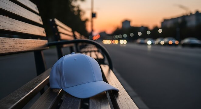 Lost in Thought - A Blue Cap on a Bench at Sunset.
