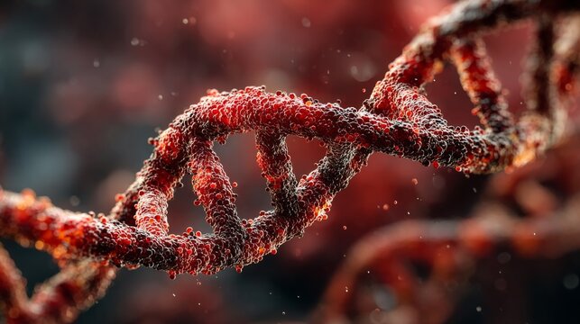 Close-up of glowing DNA double helix strand on red background in medical concept.