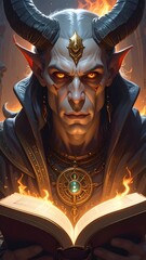 Sinister demon with horns, holding an open book amidst flames