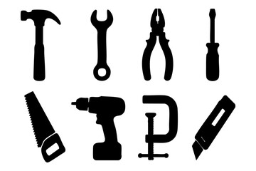 Obraz premium Tools and repair silhouette icon set – construction, maintenance, handyman symbols