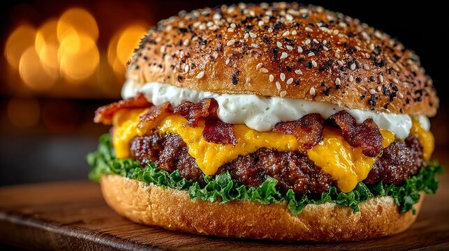 Juicy cheeseburger with bacon, lettuce, and sesame bun on wooden board close-up.