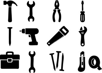 Tools and repair silhouette icon set – construction, maintenance, handyman symbols