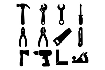 Obraz premium Tools and repair silhouette icon set – construction, maintenance, handyman symbols