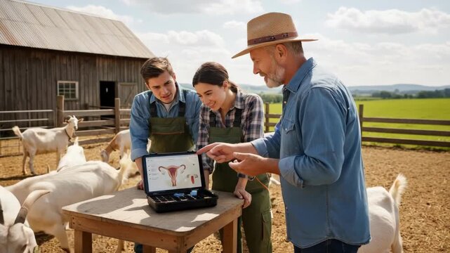 Medium shot of a farmer discussing artificial insemination techniques to enhance goat breeding programs for improved herd genetics in a rural farm setting.