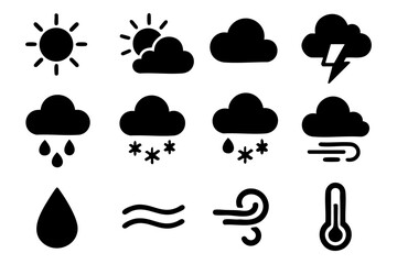 Obraz premium Weather and climate silhouette icon set – sun, cloud, rain, storm symbols