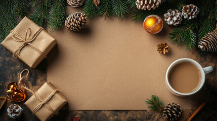 Christmas composition with wrapped presents, holiday baubles, steaming coffee mug, pinecones, evergreen branches, blank kraft paper for seasonal greetings