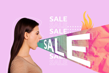 Image 3d full pop trend collage of angry girl scream sale hot price low cost burn discount offer consumerism addiction concept