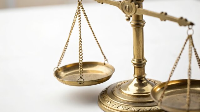 Vintage brass scale on white background for legal and justice themes