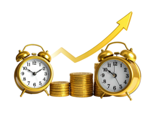 Two gold alarm clocks and coins with a rising gold arrow, isolated on black
