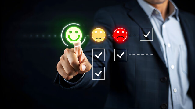 Customer service evaluation concept businessman touching the digital screen to select excellent feedback with a happy face icon for satisfaction