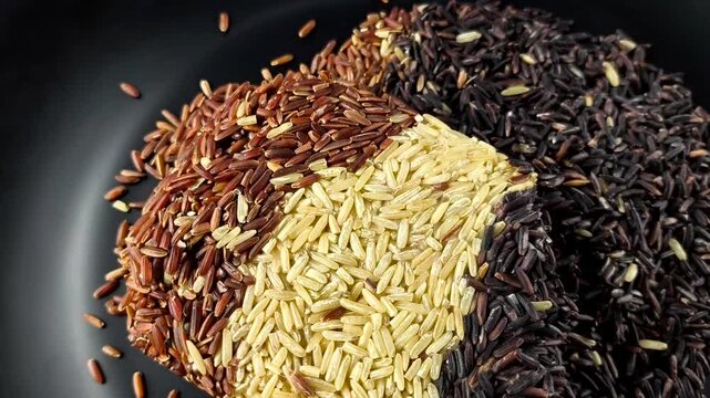 Pile of rice berry, brown rice and red cargo rice, in door Chiangmai Thailand. 
