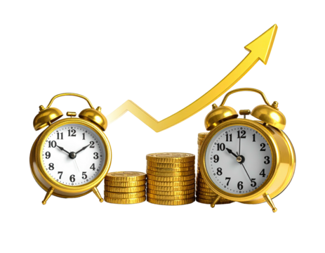 Two gold alarm clocks and coins with a rising gold arrow, isolated on black
