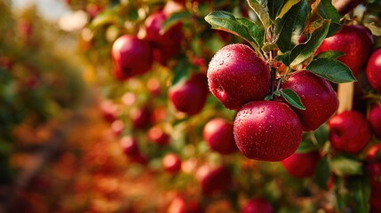 Fresh ripe red apples with water drops on tree branch in orchard at sunset
