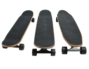 Three skateboards with black decks and wheels arranged in a row against black