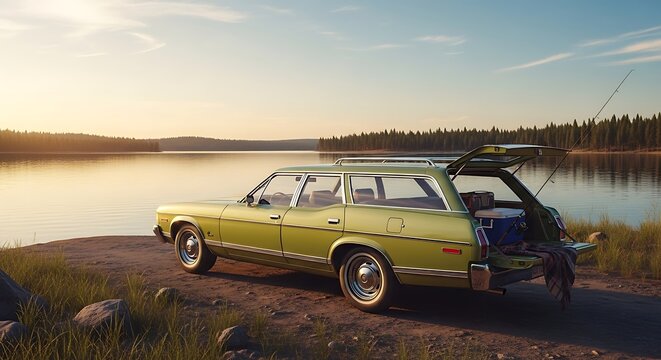 Vintage Station Wagon by a Serene Lake at Sunset.