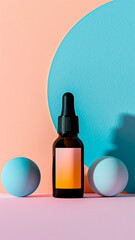 Minimalist Skincare Dropper Bottle Mockup with Geometric Shapes. Beauty Product, Modern Design, Cosmetic Branding.