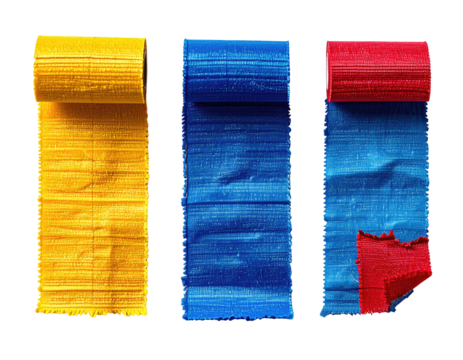 Three rolls of colored fabric, unrolled, with varying shades and textures