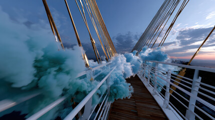 Fototapeta premium An atmospheric image showcasing blue smoke wafting on a striking bridge during an evening sunset, evoking feelings of tranquility and introspection in a modern setting.