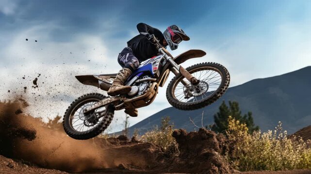 Dynamic low-angle shot of a motocross rider mid-air, capturing the thrill and energy of the sport. Perfect for an action-packed video concept. Live desktop wallpaper.