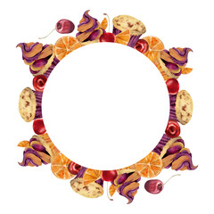 Watercolor muffins, cupcakes with juicy cherry berries, zephyr merengue, orange slices on top. Hand painted isolated wreath illustration. Festive food labels, recipe border frames, packaging visuals.