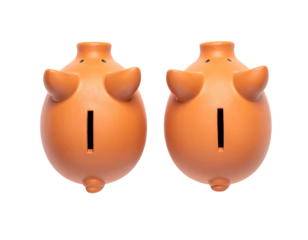 Two identical, orange-colored ceramic piggy banks, each with a slot, ears, and tail