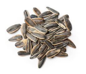 Pile of sunflower seeds isolated on white, top view