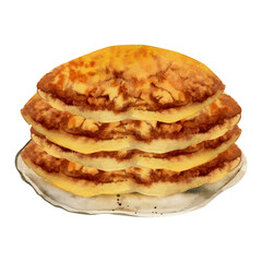 Stack of pancakes, flapjacks on raku clay dish, breakfast crepes. Isolated illustration hand drawn in watercolor. Dessert packaging, brunch menus, gourmet cookbooks, food blogs, sweet product labels.