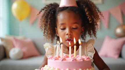 Charming little girl blowing out candles on cream cake, wearing colorful cone-shaped party hat, captured in joyful festive atmosphere