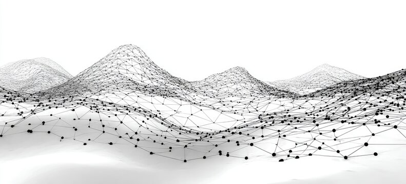 Abstract black and white 3D rendering of interconnected dots and lines forming a mountainous landscape
