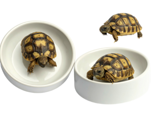 Three tortoises two in bowls, one standalone, isolated on a black background