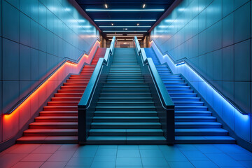 Subway station stairs illuminating in colorful neon lights