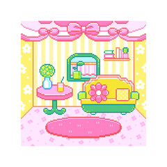 Pixel Art Pastel Living Room Background. Kawaii Interior with Bow Drapes, Striped Wallpaper, Green Sofa and Flower Cushion, Round Pink Rug, Small Table with Vase and Juice, Shelf with Books.