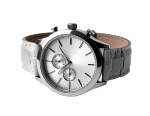 A stylish, silver chronograph watch with a textured gray leather strap