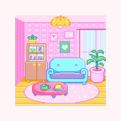 Pixel Art Cozy Pastel Lounge Background. Retro 8-Bit Living Room Interior with Blue Sofa, Heart Pattern Wallpaper, Pendant Lamp, Cabinet and Potted Plant, Oval Rug and Low Table with Tea and Pudding 