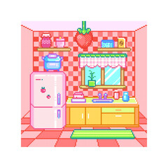 Pixel Art Pastel Kitchen Background. Cute Strawberry-Theme Retro 8-Bit Interior with Pink Checkered Walls, Vintage Fridge, Open Shelves, Window with Curtains, Sink and Dishes, Cozy Cabinets