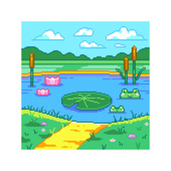 Pixel Art Pond Landscape Background. Retro 8-Bit Nature Scene with Frogs, Lily Pad and Water Lilies, Cattails and Reeds, Grassy Shore and Stone Path, Distant Hills, Blue Sky and Clouds.