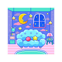 Pixel Art Dreamy Night Room Background. Kawaii 8-Bit Interior with Crescent Moon and Hanging Stars, Arched Window to Starry Sky, Puffy Blue Sofa with Cushions, Bedside Lamp and Clock.