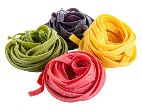 Colorful fettuccine pasta nests, green, purple, yellow, and red, arranged in a circle - Powered by Adobe