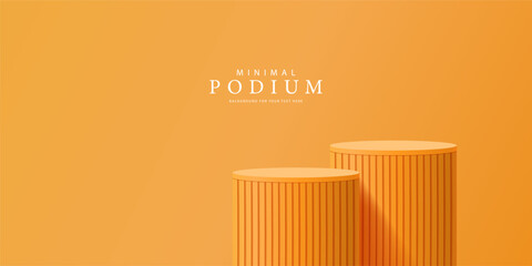 3D product Minimal display stand. Orange color cylinder stand podium on a orange background. Abstract geometric shapes in a simple design. Fashion stage mockup scene. Studio product display stand.