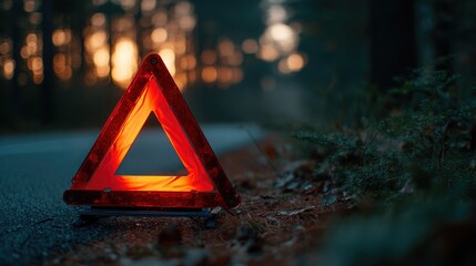 Emergency warning triangle on road at sunset, roadside safety sign