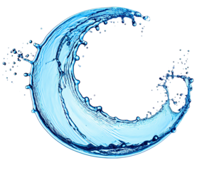 A splash of water forms a swirling crescent with details and highlights