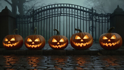 Cancello della Tenuta Spettrale con Zucche Intagliate di Halloween.