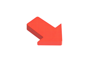 Isolated, 3D red arrow, pointing down and right, on a stark black background