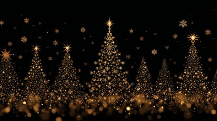 Elegant gold christmas tree lights with sparkling snowflakes and shimmering stars on a black background, perfect for festive holiday overlays, luxury winter greeting designs, and magical seasonal deco