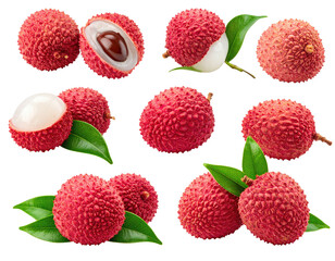 Nine lychee fruits, some whole, some cut, with green leaves, isolated on black