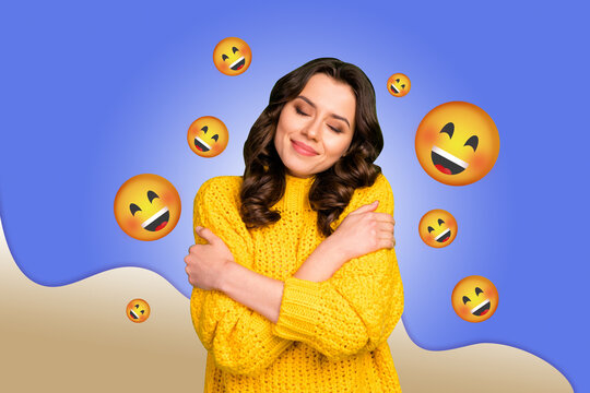 Collage of person surrounded by floating emoji icons expressing fun and different emotions happy joy angry oops lol - Powered by Adobe